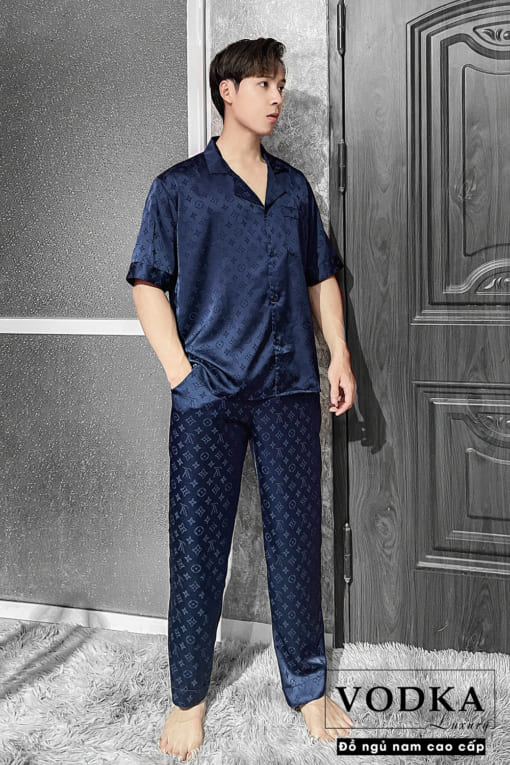 Đồ ngủ nam pijama LV lụa gấm màu xanh sang trọng LV32 - Vodka Luxury - Ảnh 5