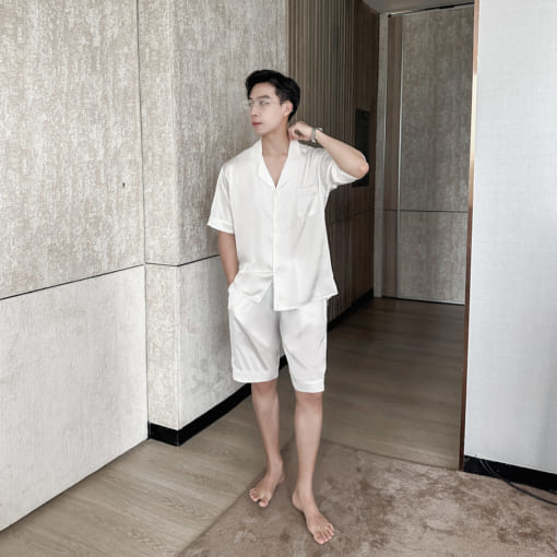 Đồ ngủ nam pyjama lụa satin cao cấp màu trắng trơn T05ST - Vodka Luxury - Ảnh 4