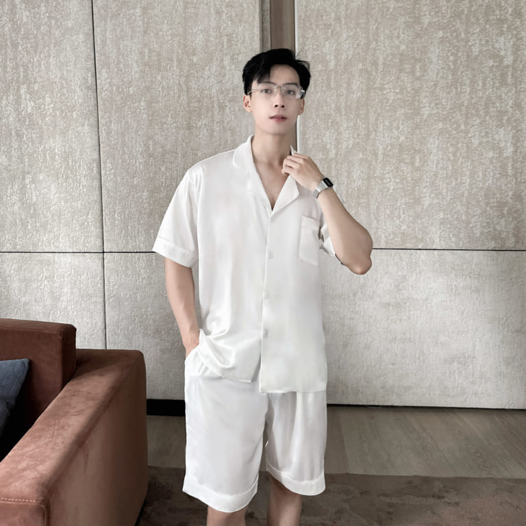 Đồ ngủ nam pyjama lụa satin cao cấp màu trắng trơn T05ST - Vodka Luxury