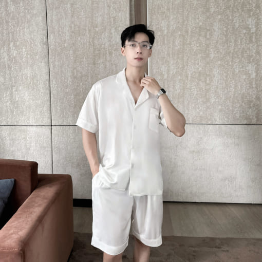 Đồ ngủ nam pyjama lụa satin cao cấp màu trắng trơn T05ST - Vodka Luxury