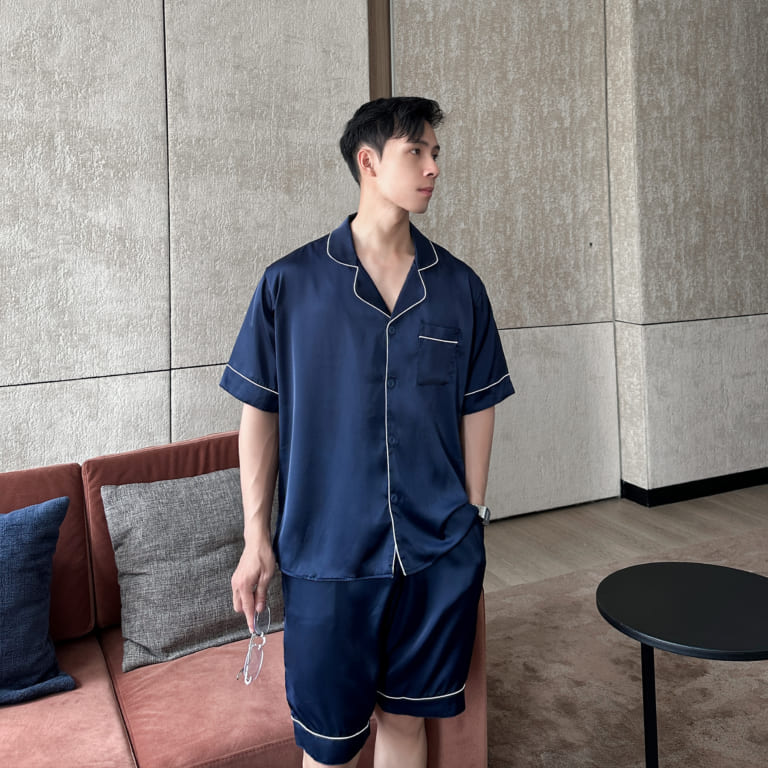 Bộ đồ ngủ nam lụa satin trơn xanh than T02ST mát lạnh - Vodka Luxury