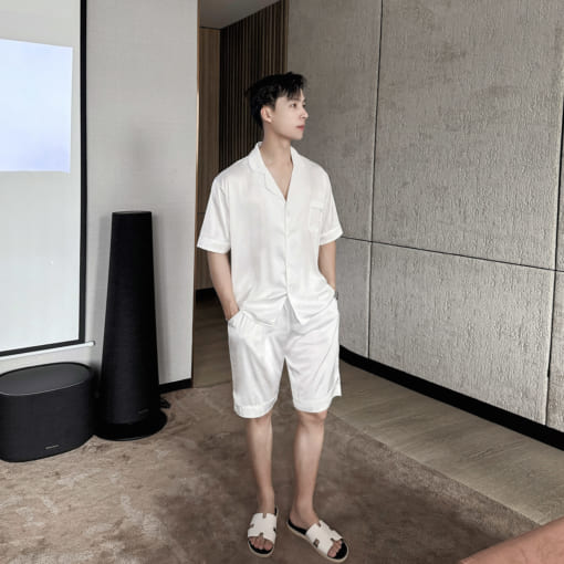 Đồ ngủ nam pyjama lụa satin cao cấp màu trắng trơn T05ST - Vodka Luxury - Ảnh 2