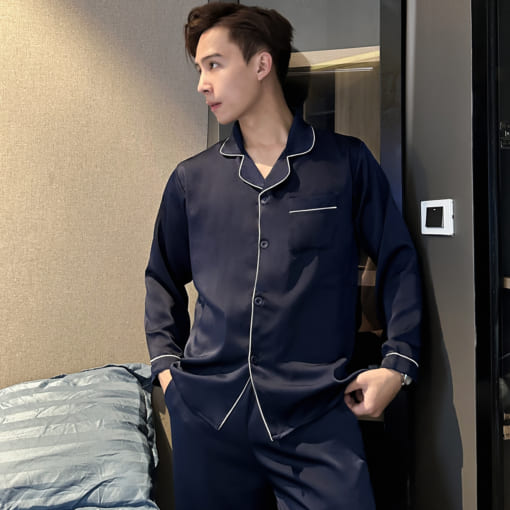Bộ Đồ Ngủ Pijama Nam Lụa Satin Xanh Than Dài Tay T12ST - Vodka Luxury
