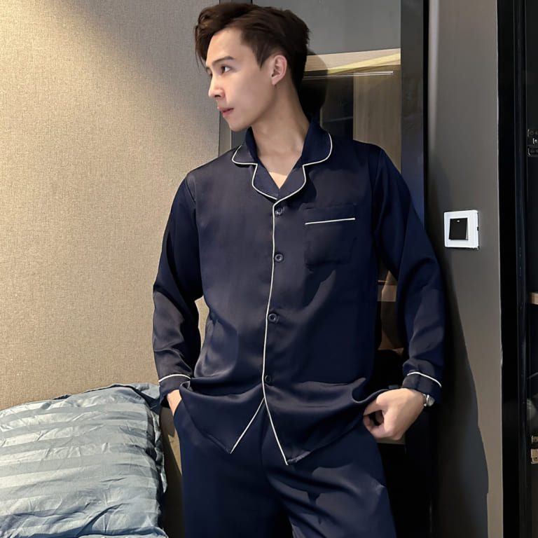 Bộ Đồ Ngủ Pijama Nam Lụa Satin Xanh Than Dài Tay T12ST - Vodka Luxury