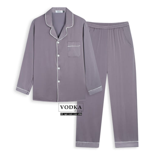 Đồ ngủ nam pijama lụa satin xám nhạt tôn da nam nữ mặc đẹp T16ST- Vodka Luxury
