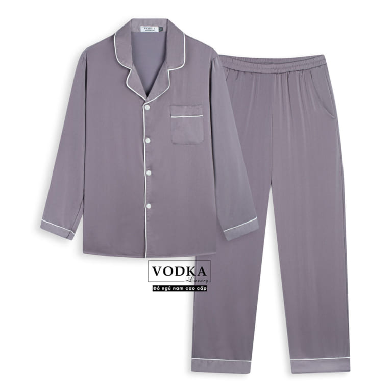 Đồ ngủ nam pijama lụa satin xám nhạt tôn da nam nữ mặc đẹp T16ST- Vodka Luxury