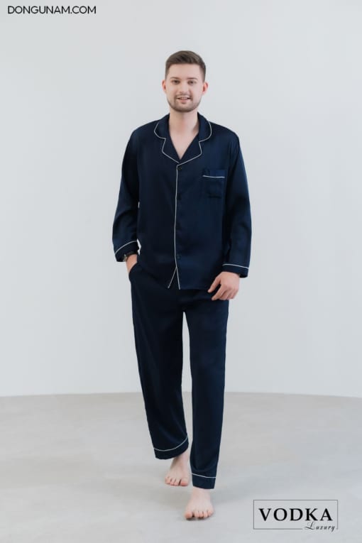 Bộ Đồ Ngủ Pijama Nam Lụa Satin Xanh Than Dài Tay T12ST - Vodka Luxury - Ảnh 3