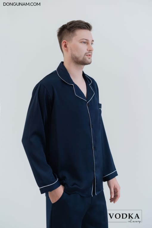 Bộ Đồ Ngủ Pijama Nam Lụa Satin Xanh Than Dài Tay T12ST - Vodka Luxury