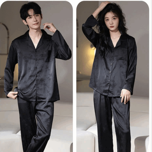 Bộ đồ ngủ đôi nam nữ lụa gấm hoạ tiết lá trúc thanh lịch LT14